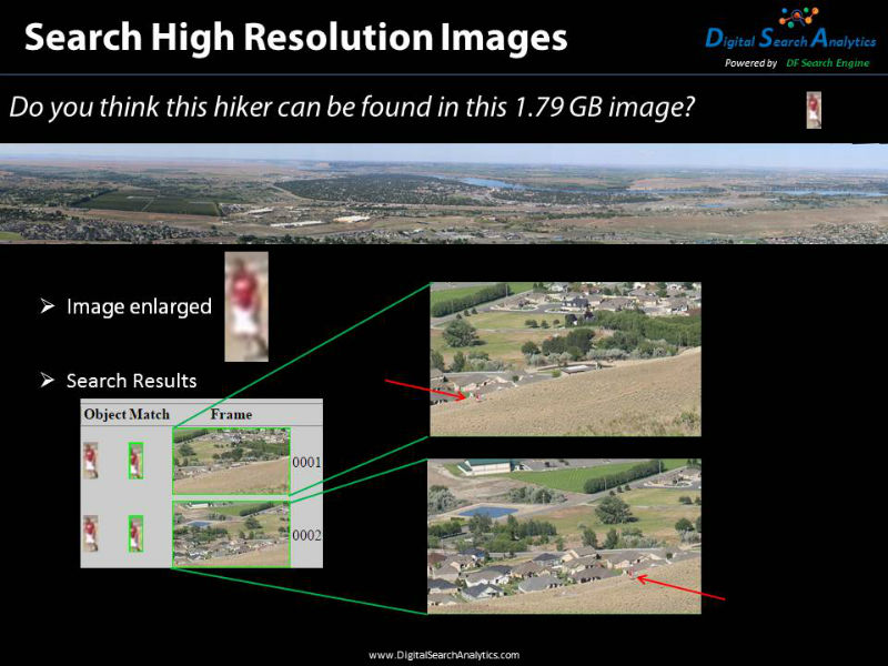 Search High Resolution Images allows the user to find a small object that is impossible to find with the naked eye in huge images. In this example a 20x40 pixel object is found in a 1.79 GB image.